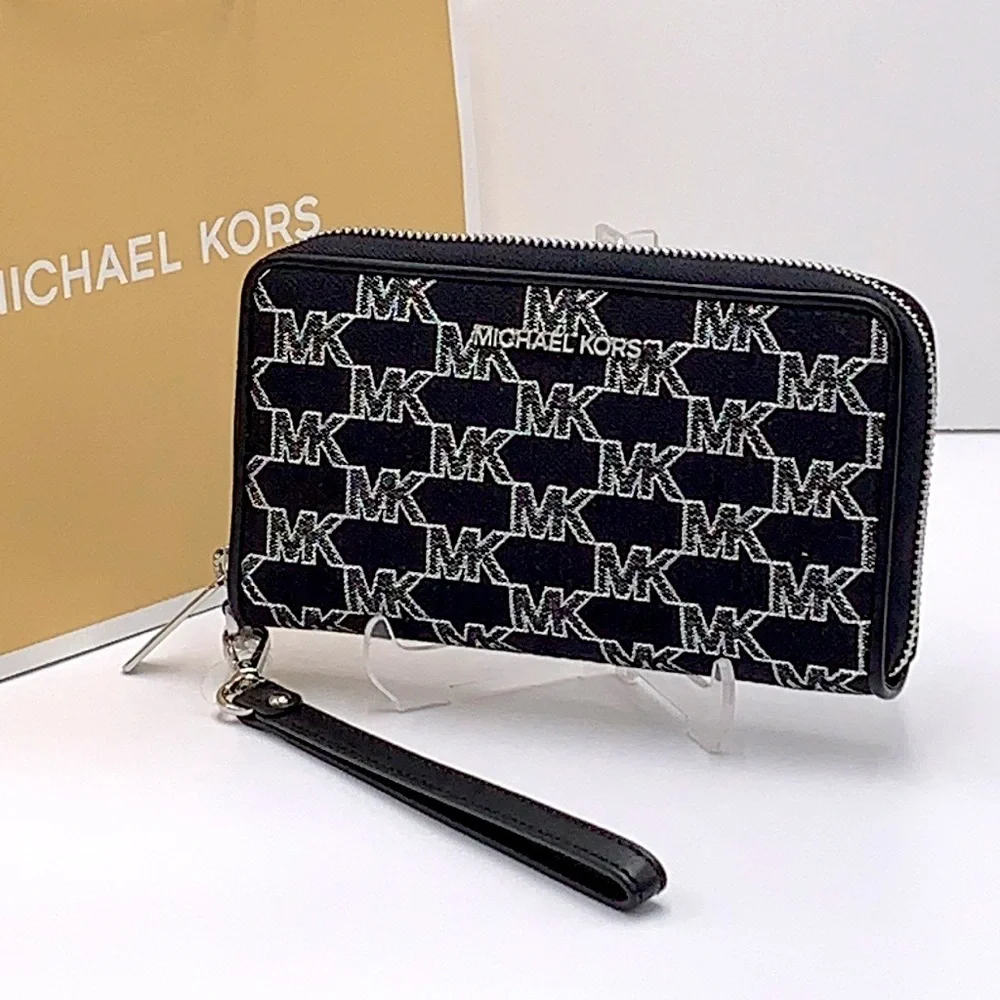 Michael Kors Jet Set Travel Large Phone Case Wristlet Wallet Black Glitter Multi